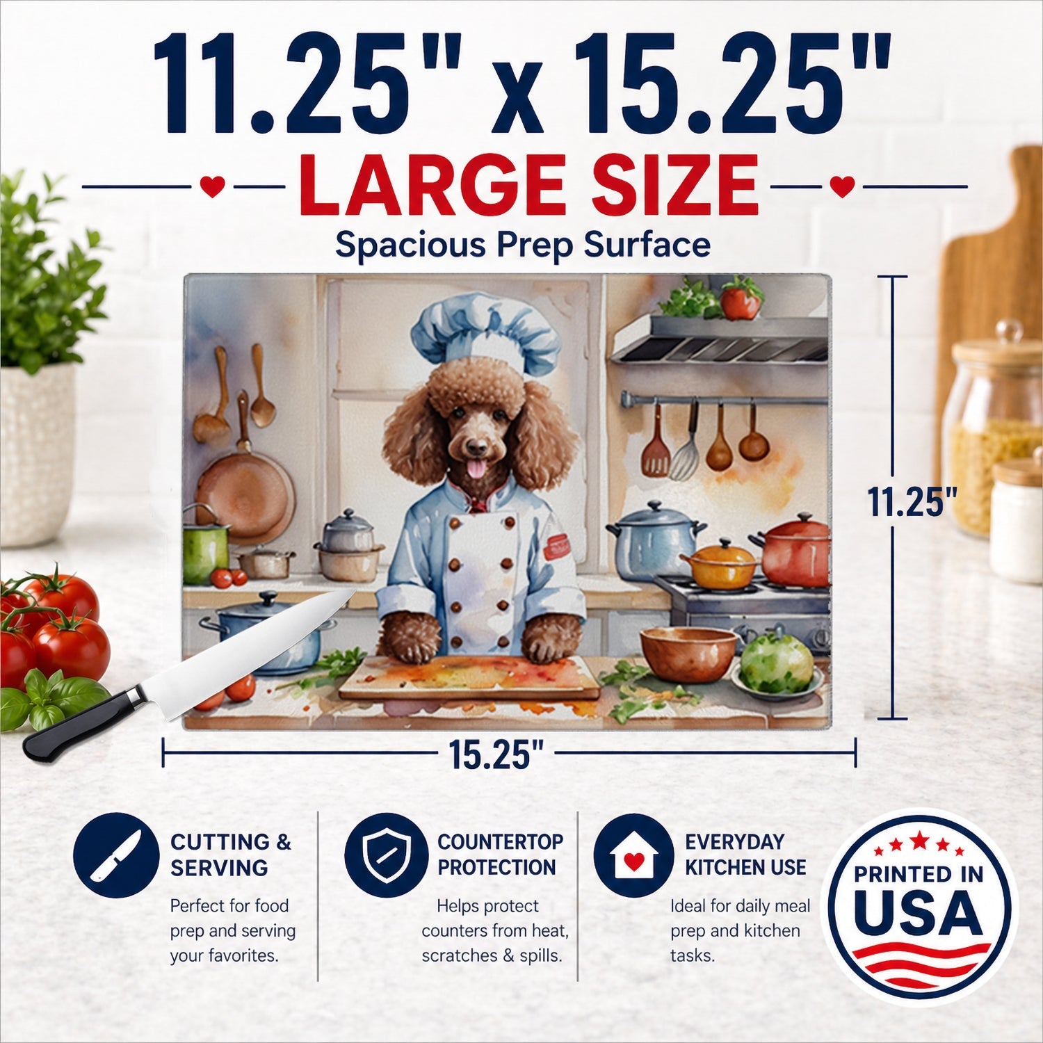 Chocolate Poodle The Chef Cutting Board Tempered Glass Kitchen Cutting Surface, Heat Resistant Chopping, Non-Slip Feet, Food Prep & Serving