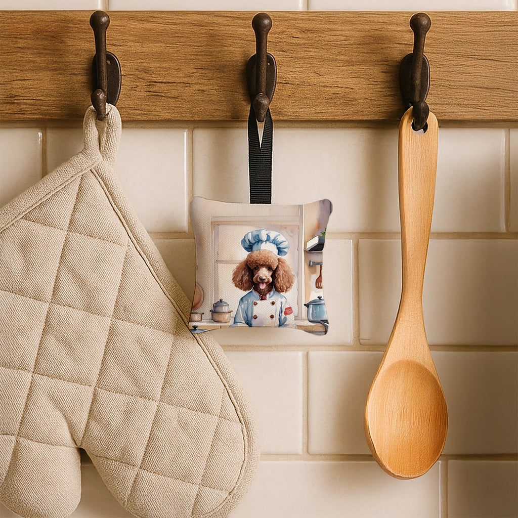 Chocolate Poodle The Chef Hanging Square Fabric Ornament 3.5 × 3.5 Decorative Door-Knob & Tree Hanger, Soft Fabric