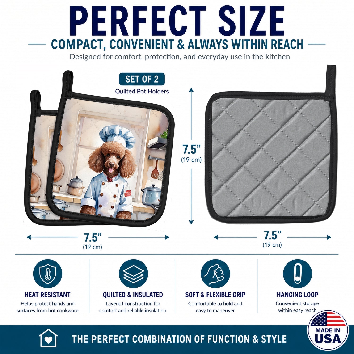 Chocolate Poodle The Chef Pot Holder Set of 2 Heat Resistant Quilted Hot Pads 7.5 x 7.5 Inch, Insulated Kitchen Trivets for Cooking & Baking