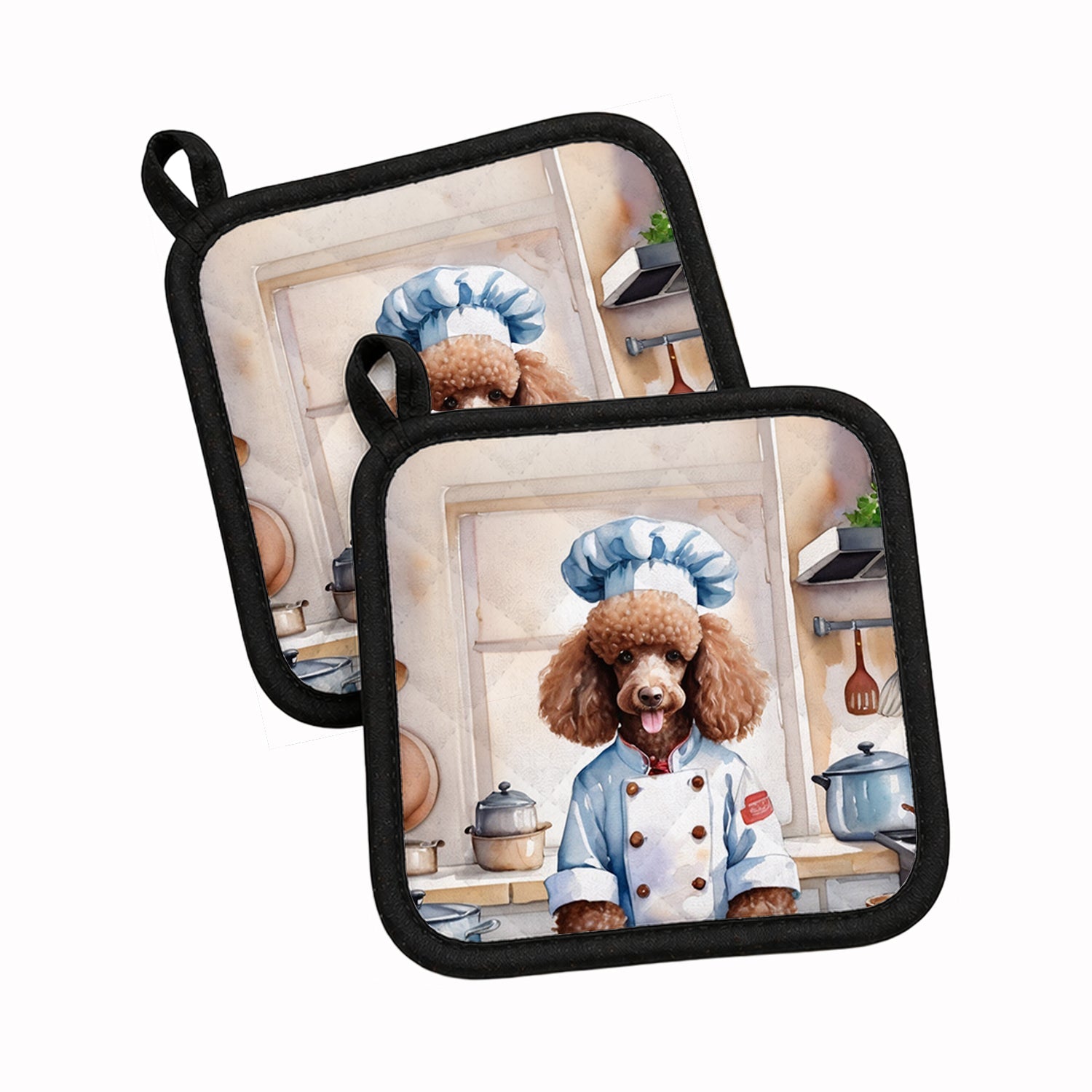 Chocolate Poodle The Chef Pot Holder Set of 2 Heat Resistant Quilted Hot Pads 7.5 x 7.5 Inch, Insulated Kitchen Trivets for Cooking & Baking