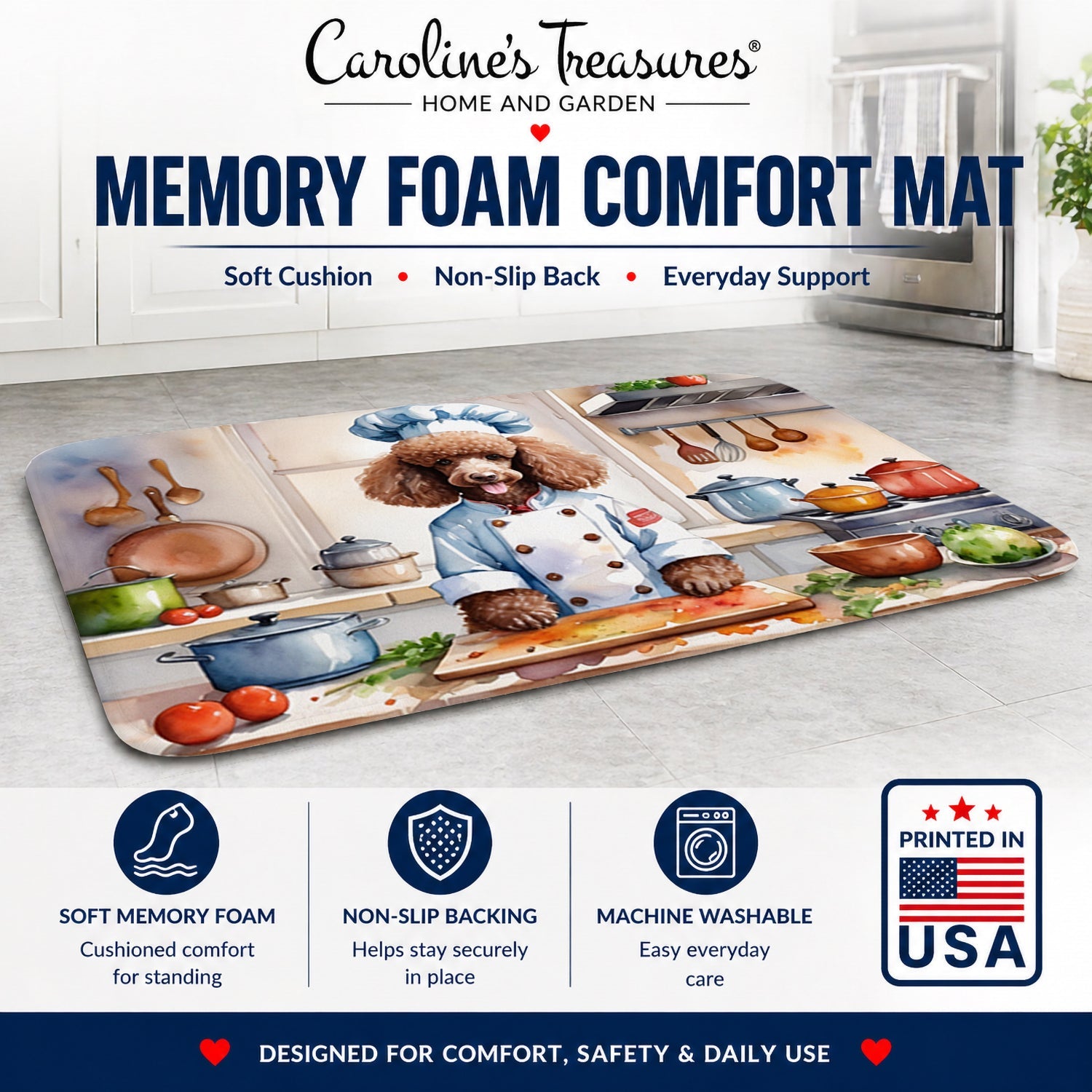Chocolate Poodle The Chef Memory Foam Kitchen Mat Machine Washable Anti-Fatigue Cushion Comfort Bath or Kitchen Rug