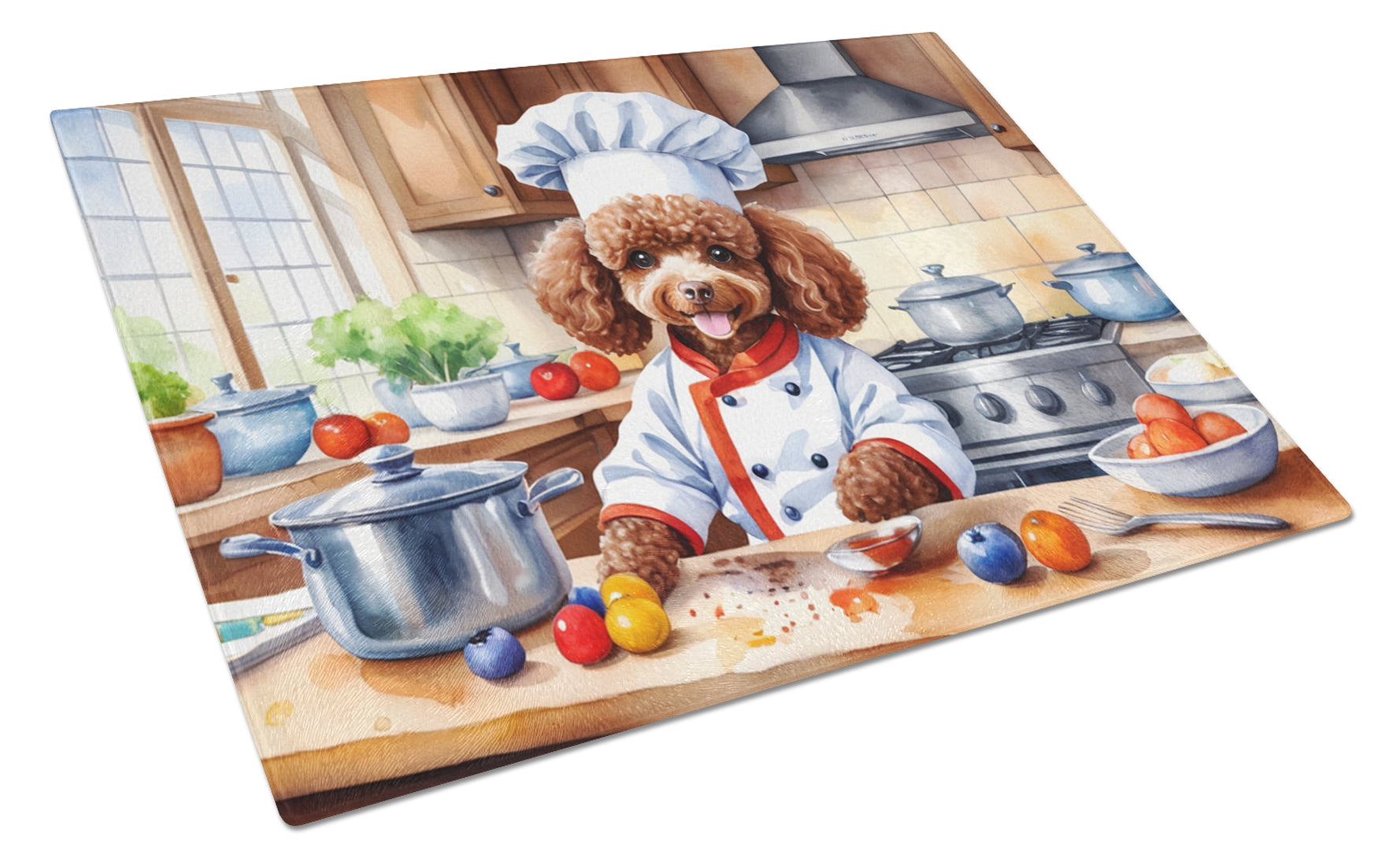 Chocolate Poodle The Chef Cutting Board Tempered Glass Kitchen Cutting Surface, Heat Resistant Chopping, Non-Slip Feet, Food Prep & Serving