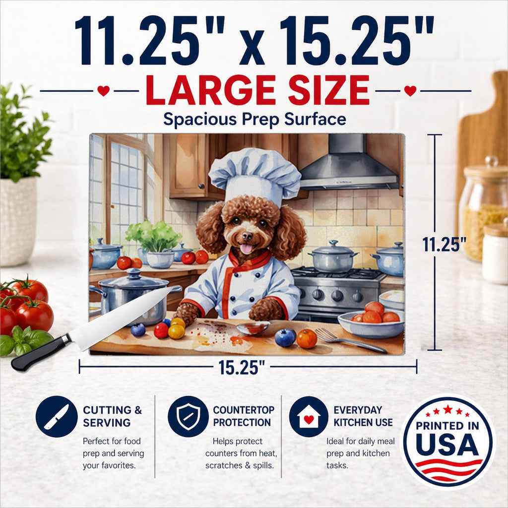 Chocolate Poodle The Chef Cutting Board Tempered Glass Kitchen Cutting Surface, Heat Resistant Chopping, Non-Slip Feet, Food Prep & Serving