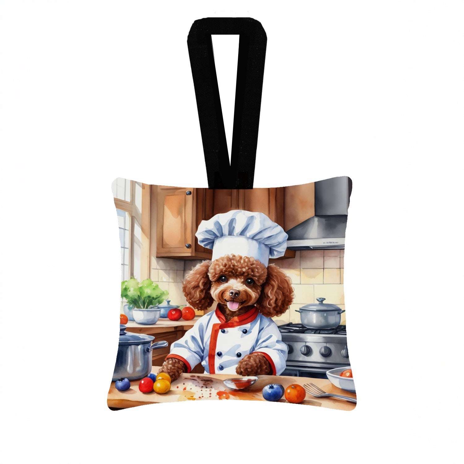 Chocolate Poodle The Chef Hanging Square Fabric Ornament 3.5 × 3.5 Decorative Door-Knob & Tree Hanger, Soft Fabric