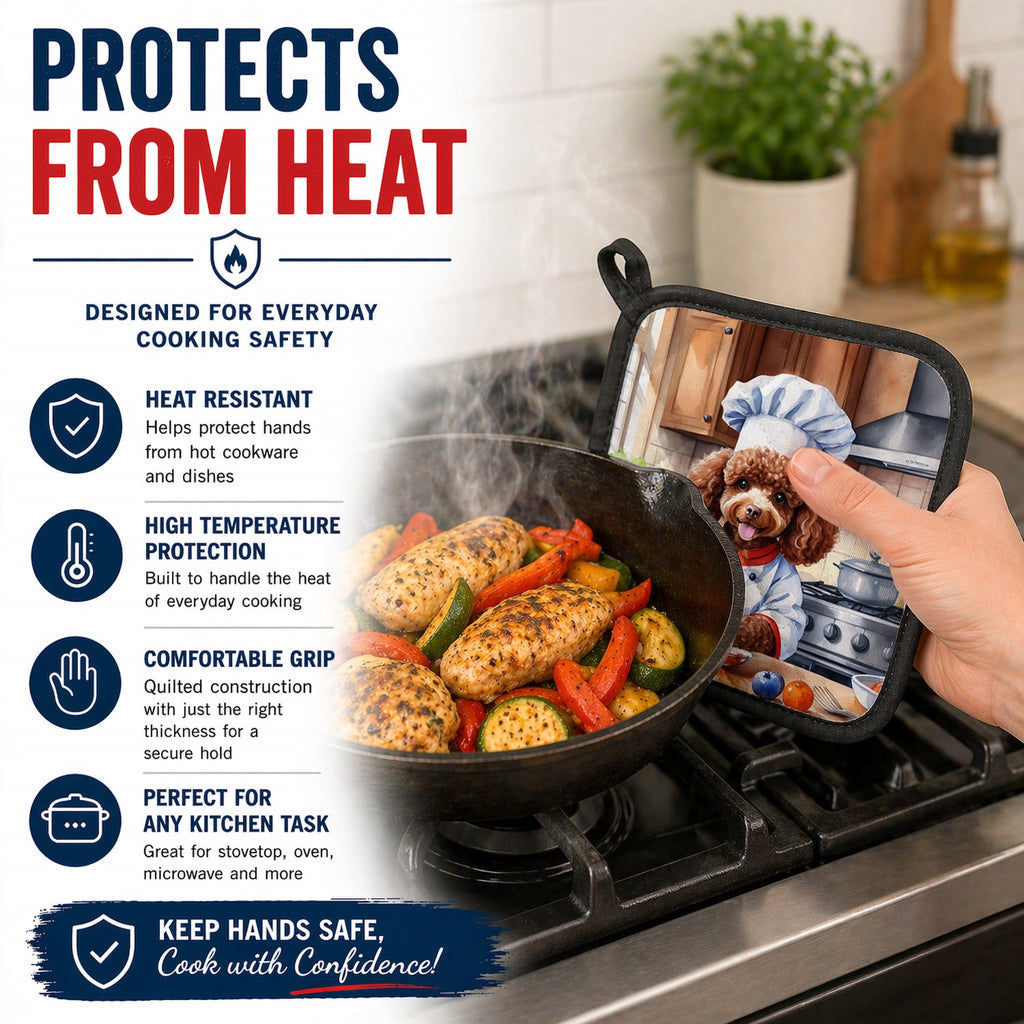 Chocolate Poodle The Chef Pot Holder Set of 2 Heat Resistant Quilted Hot Pads 7.5 x 7.5 Inch, Insulated Kitchen Trivets for Cooking & Baking