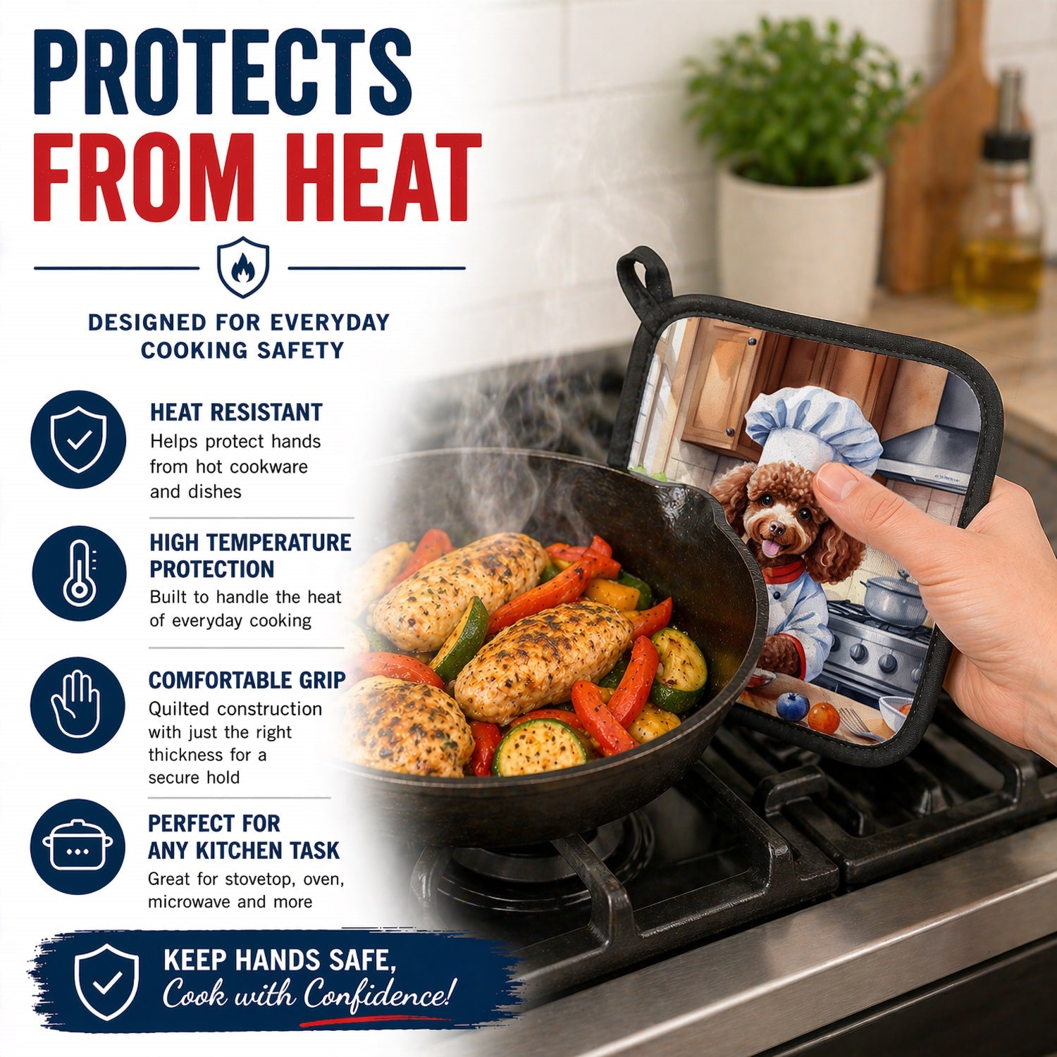 Chocolate Poodle The Chef Pot Holder Set of 2 Heat Resistant Quilted Hot Pads 7.5 x 7.5 Inch, Insulated Kitchen Trivets for Cooking & Baking
