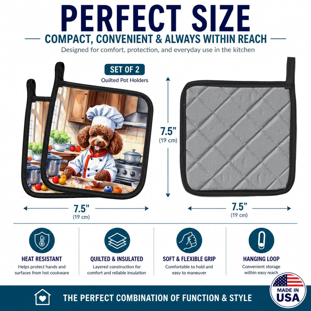Chocolate Poodle The Chef Pot Holder Set of 2 Heat Resistant Quilted Hot Pads 7.5 x 7.5 Inch, Insulated Kitchen Trivets for Cooking & Baking