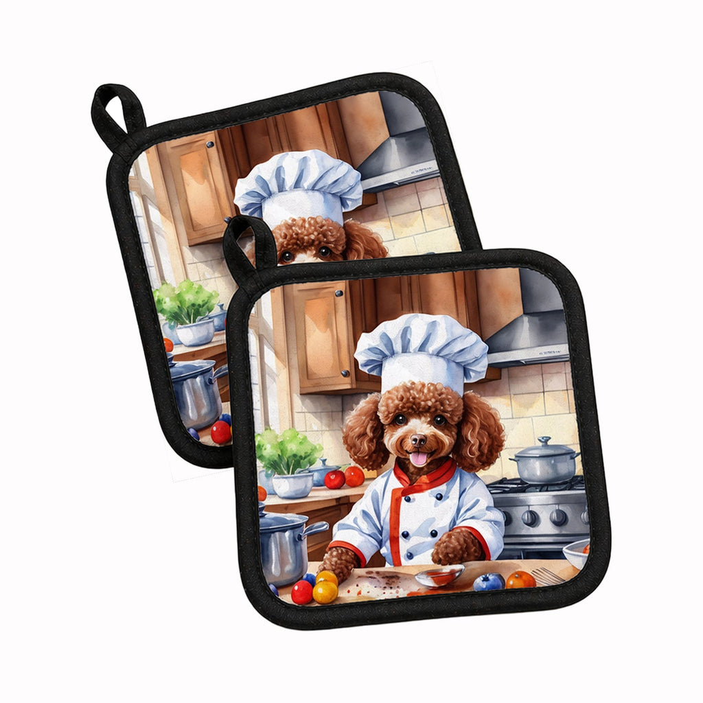 Chocolate Poodle The Chef Pot Holder Set of 2 Heat Resistant Quilted Hot Pads 7.5 x 7.5 Inch, Insulated Kitchen Trivets for Cooking & Baking