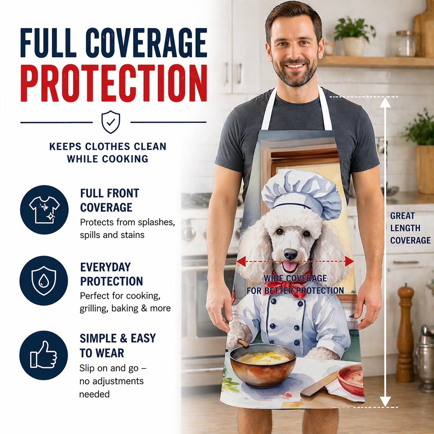 White Poodle The Chef Apron Cooking Kitchen Server Baking Crafts Gardening for Adult Women Men, Unisex, Large, Multicolor