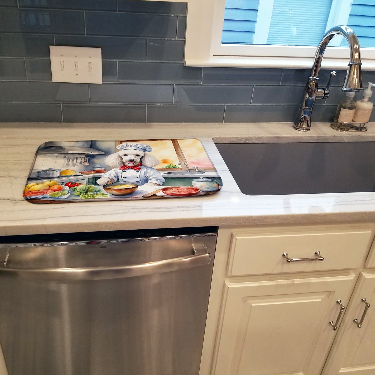 White Poodle The Chef Dish Drying Mat Absorbent Dish Drying Mat Pad for Kitchen Counter Dish Drainer Mat for Countertop, 14 x 21", Multicolor