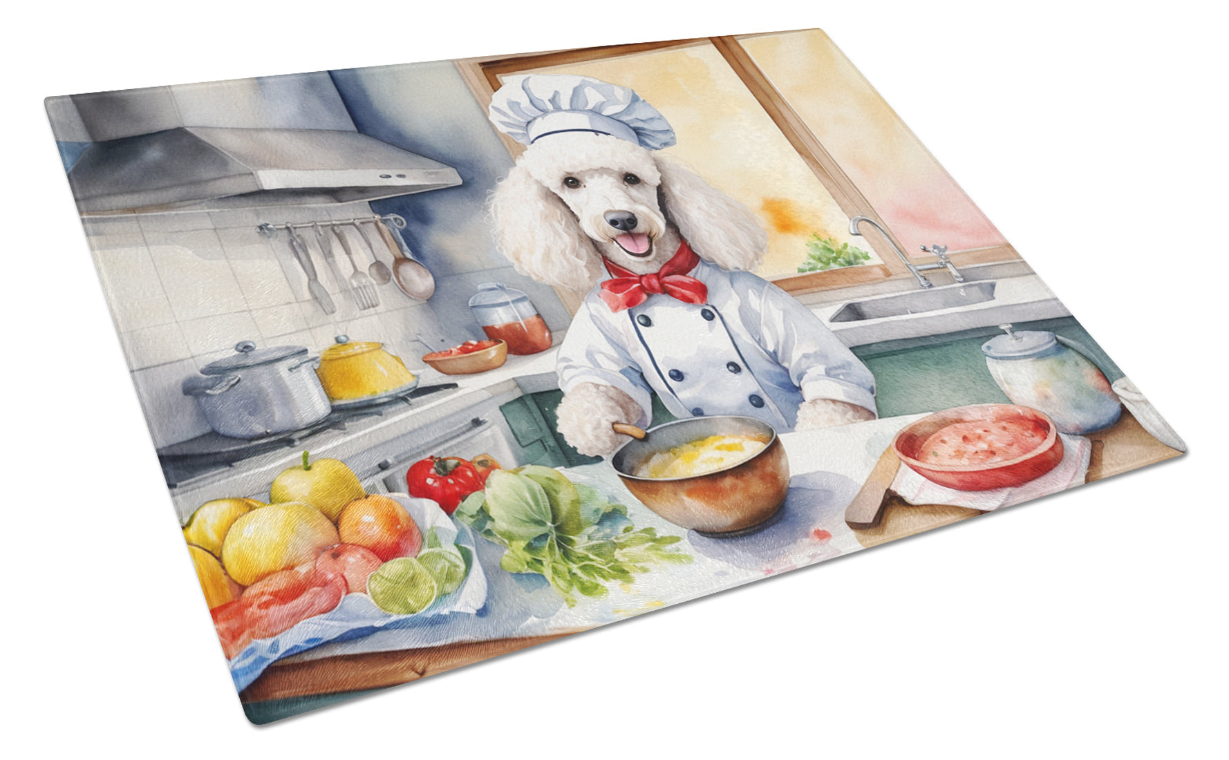 White Poodle The Chef Cutting Board Tempered Glass Kitchen Cutting Surface, Heat Resistant Chopping, Non-Slip Feet, Food Prep & Serving