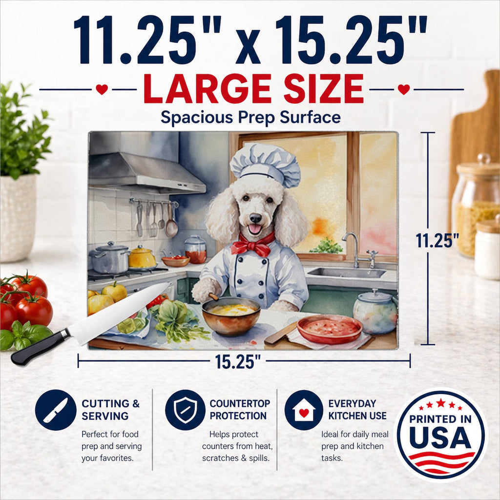 White Poodle The Chef Cutting Board Tempered Glass Kitchen Cutting Surface, Heat Resistant Chopping, Non-Slip Feet, Food Prep & Serving
