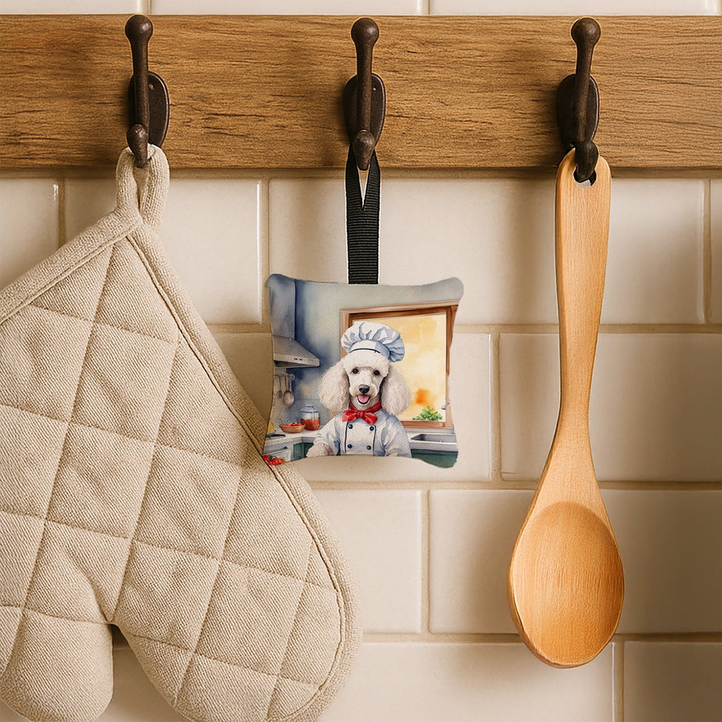 White Poodle The Chef Hanging Square Fabric Ornament 3.5 × 3.5 Decorative Door-Knob & Tree Hanger, Soft Fabric