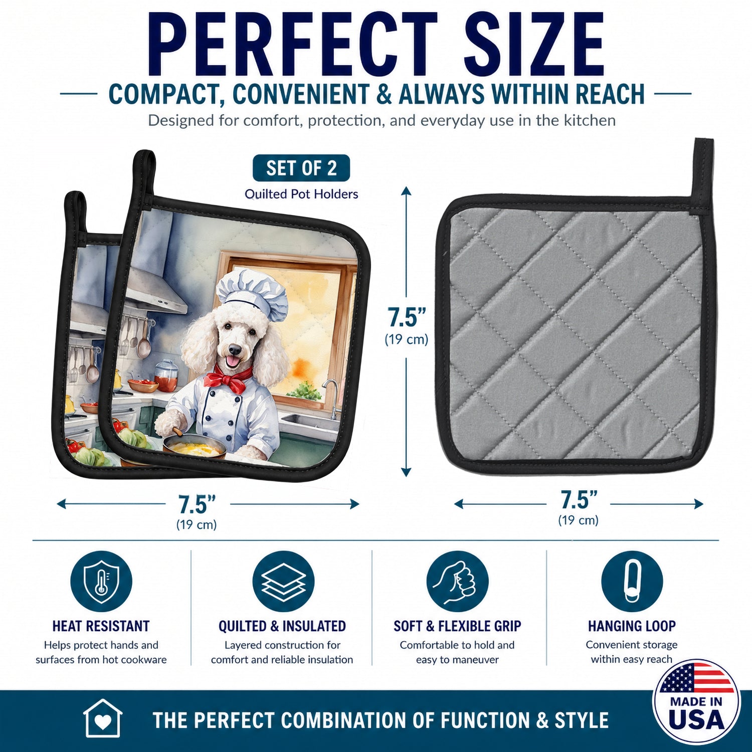 White Poodle The Chef Pot Holder Set of 2 Heat Resistant Quilted Hot Pads 7.5 x 7.5 Inch, Insulated Kitchen Trivets for Cooking & Baking