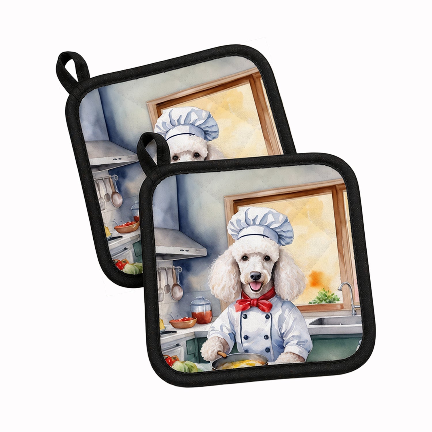 White Poodle The Chef Pot Holder Set of 2 Heat Resistant Quilted Hot Pads 7.5 x 7.5 Inch, Insulated Kitchen Trivets for Cooking & Baking