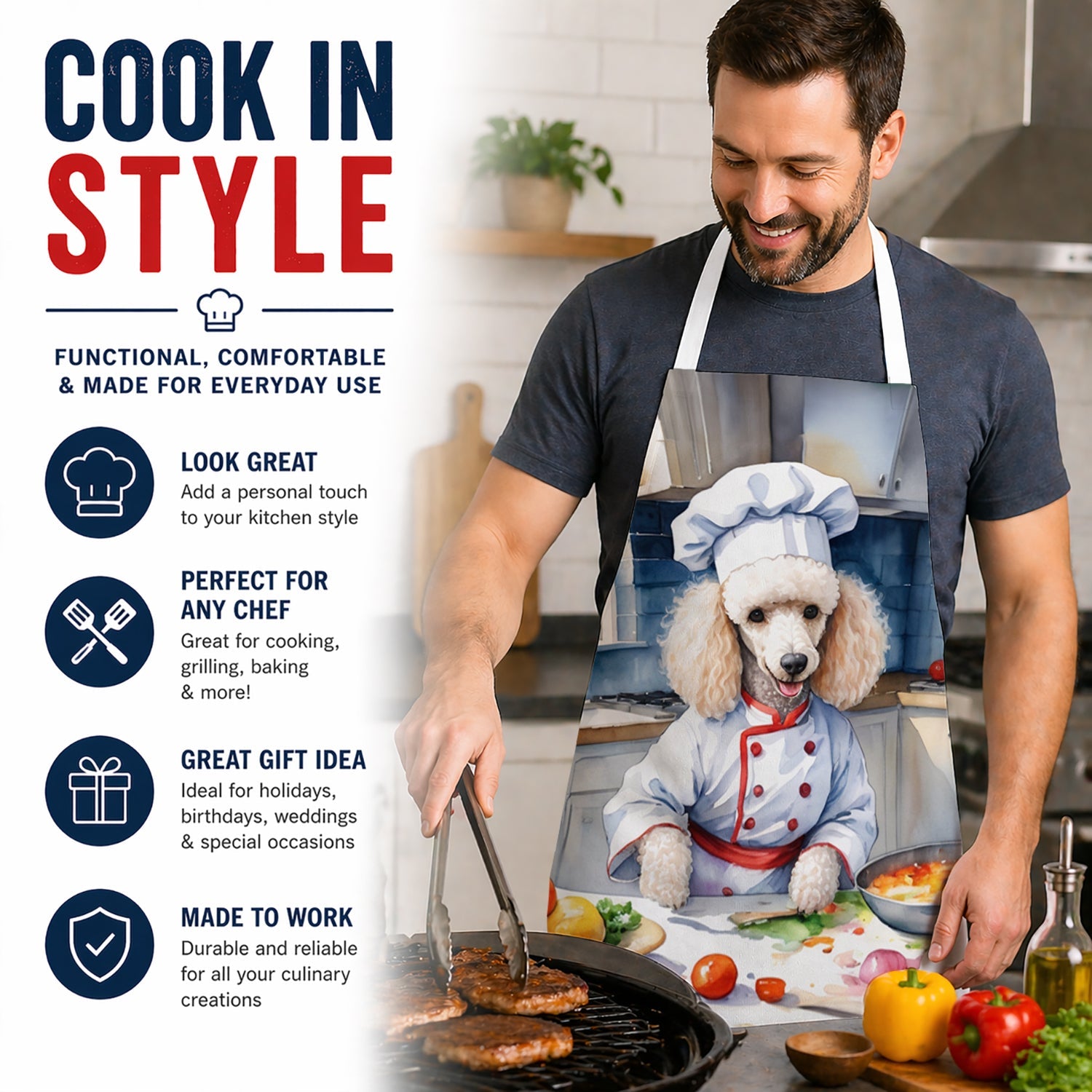 White Poodle The Chef Apron Cooking Kitchen Server Baking Crafts Gardening for Adult Women Men, Unisex, Large, Multicolor