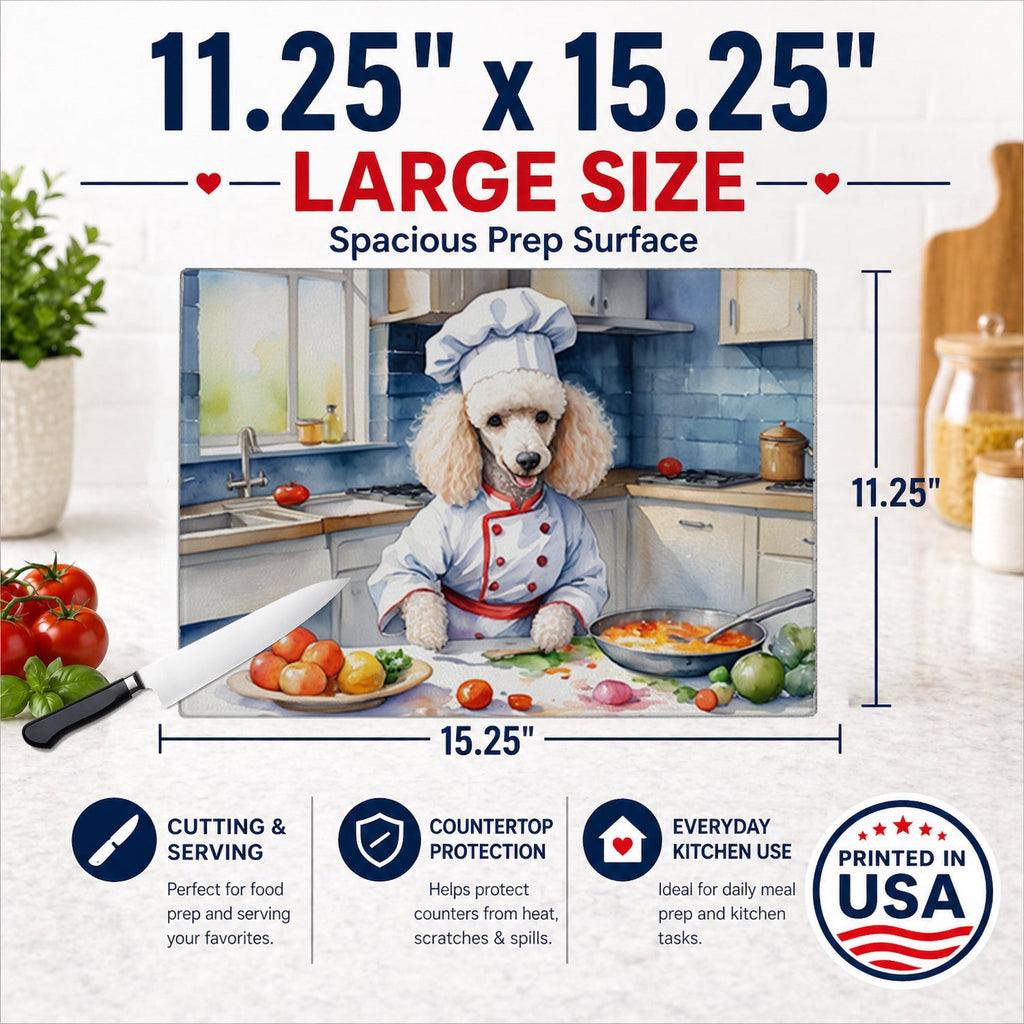 White Poodle The Chef Cutting Board Tempered Glass Kitchen Cutting Surface, Heat Resistant Chopping, Non-Slip Feet, Food Prep & Serving