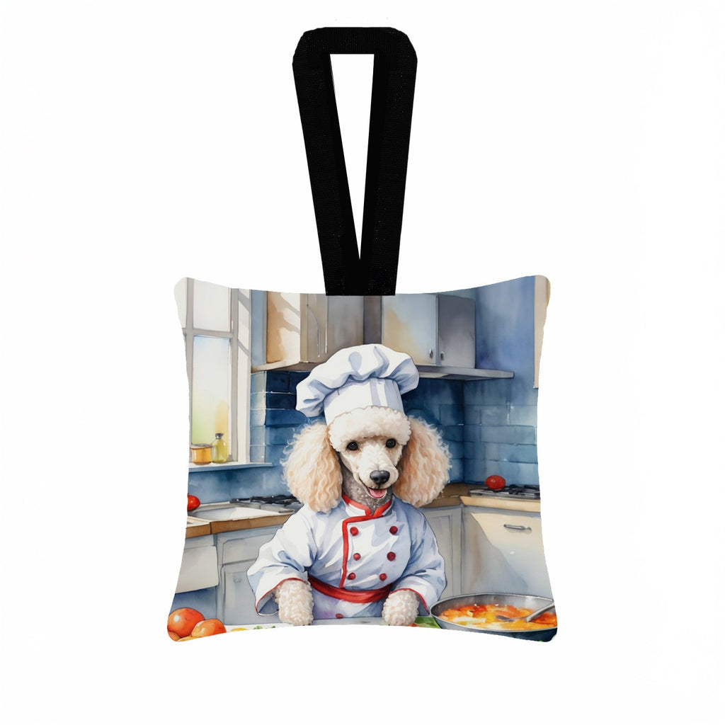 White Poodle The Chef Hanging Square Fabric Ornament 3.5 × 3.5 Decorative Door-Knob & Tree Hanger, Soft Fabric