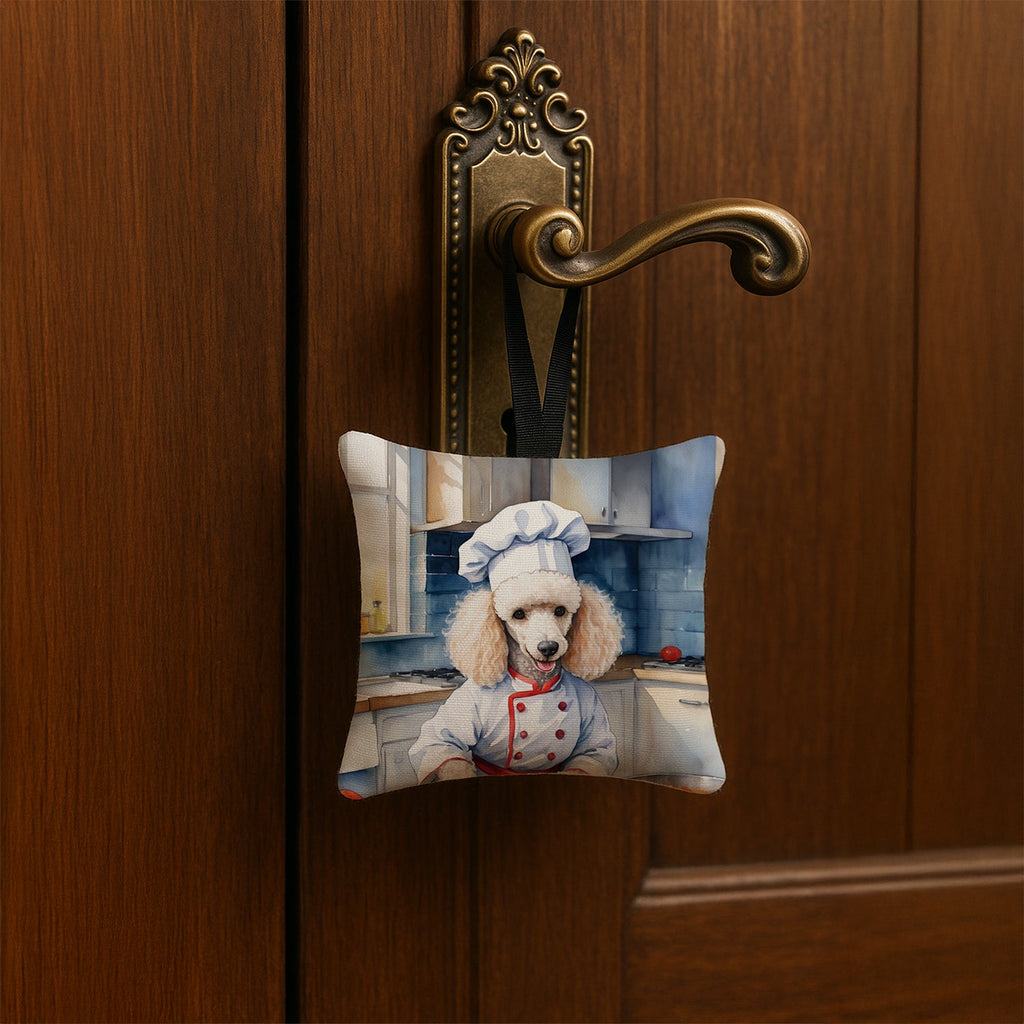White Poodle The Chef Hanging Square Fabric Ornament 3.5 × 3.5 Decorative Door-Knob & Tree Hanger, Soft Fabric