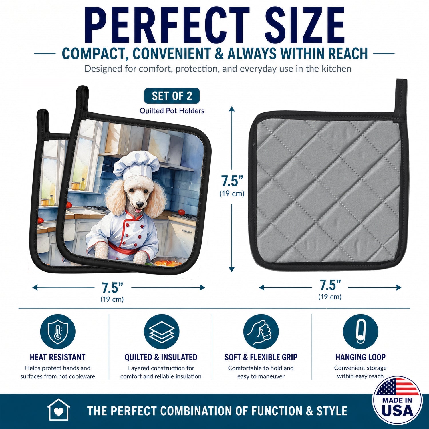White Poodle The Chef Pot Holder Set of 2 Heat Resistant Quilted Hot Pads 7.5 x 7.5 Inch, Insulated Kitchen Trivets for Cooking & Baking