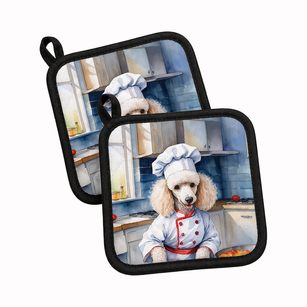 White Poodle The Chef Pot Holder Set of 2 Heat Resistant Quilted Hot Pads 7.5 x 7.5 Inch, Insulated Kitchen Trivets for Cooking & Baking
