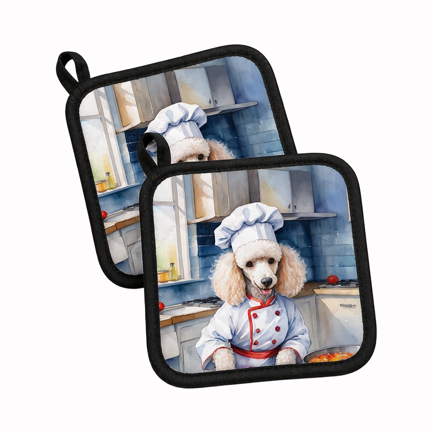 White Poodle The Chef Pot Holder Set of 2 Heat Resistant Quilted Hot Pads 7.5 x 7.5 Inch, Insulated Kitchen Trivets for Cooking & Baking