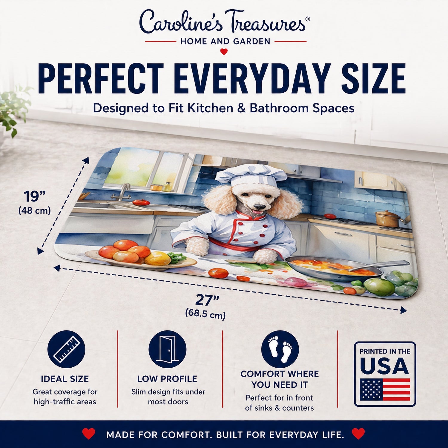 White Poodle The Chef Memory Foam Kitchen Mat Machine Washable Anti-Fatigue Cushion Comfort Bath or Kitchen Rug