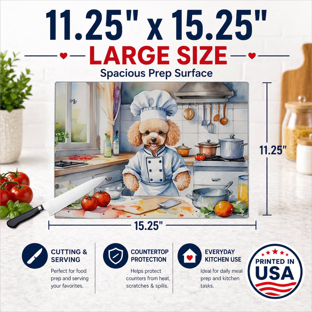 Poodle The Chef Cutting Board Tempered Glass Kitchen Cutting Surface, Heat Resistant Chopping, Non-Slip Feet, Food Prep & Serving