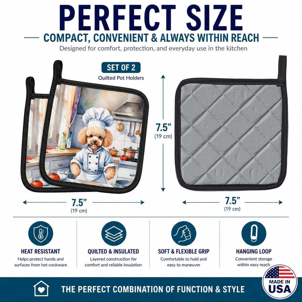 Poodle The Chef Pot Holder Set of 2 Heat Resistant Quilted Hot Pads 7.5 x 7.5 Inch, Insulated Kitchen Trivets for Cooking & Baking