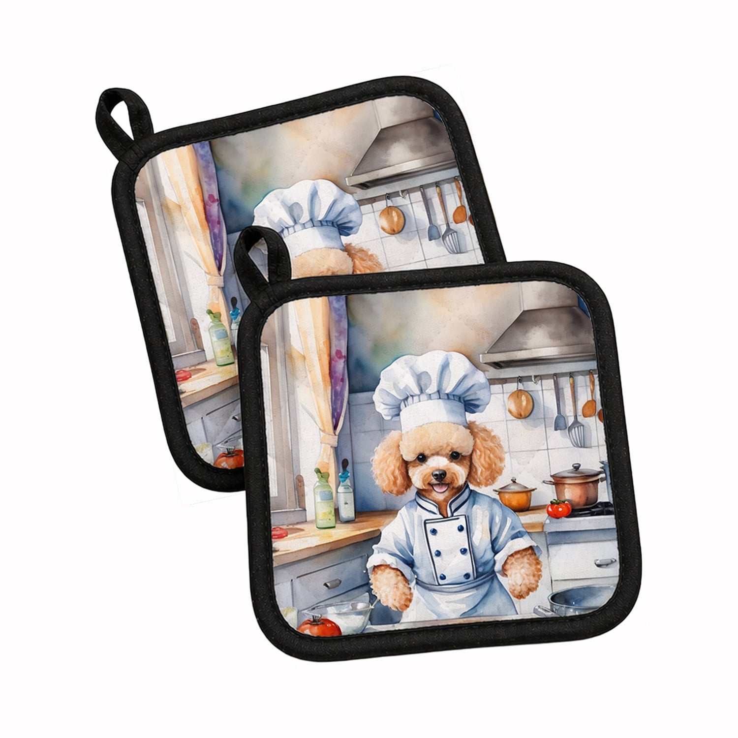 Poodle The Chef Pot Holder Set of 2 Heat Resistant Quilted Hot Pads 7.5 x 7.5 Inch, Insulated Kitchen Trivets for Cooking & Baking