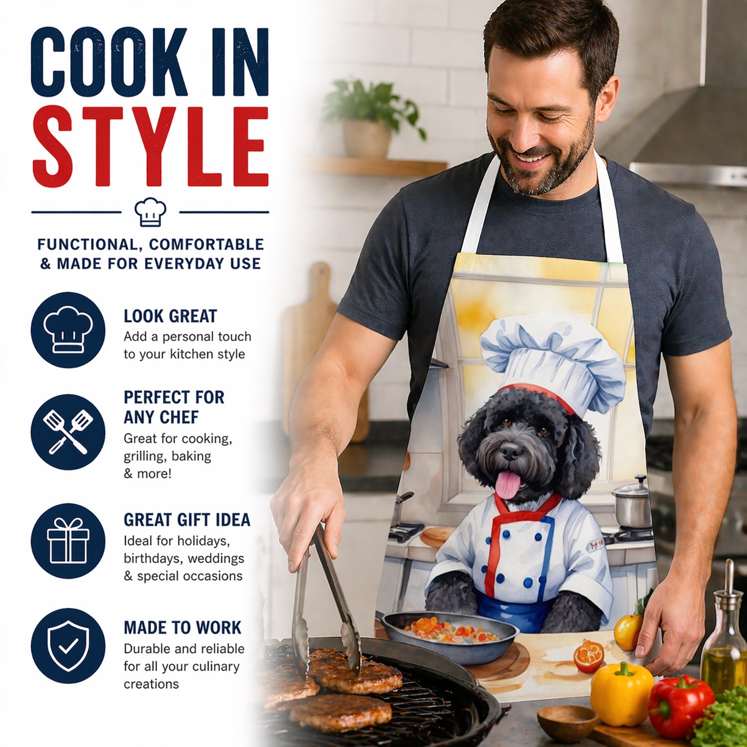 Portuguese Water Dog The Chef Apron Cooking Kitchen Server Baking Crafts Gardening for Adult Women Men, Unisex, Large, Multicolor