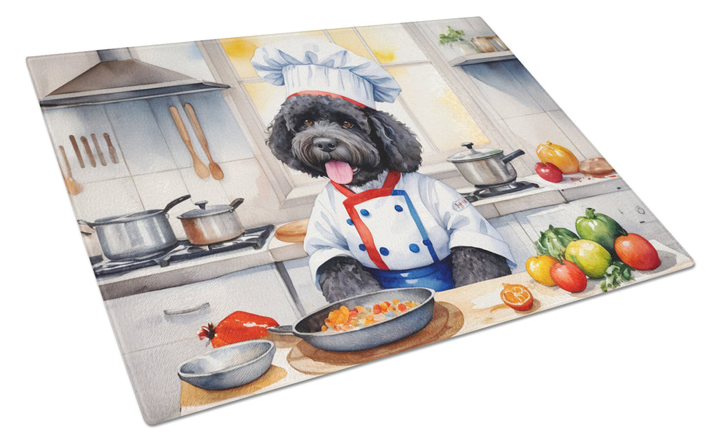 Portuguese Water Dog The Chef Cutting Board Tempered Glass Kitchen Cutting Surface, Heat Resistant Chopping, Non-Slip Feet, Food Prep & Serving