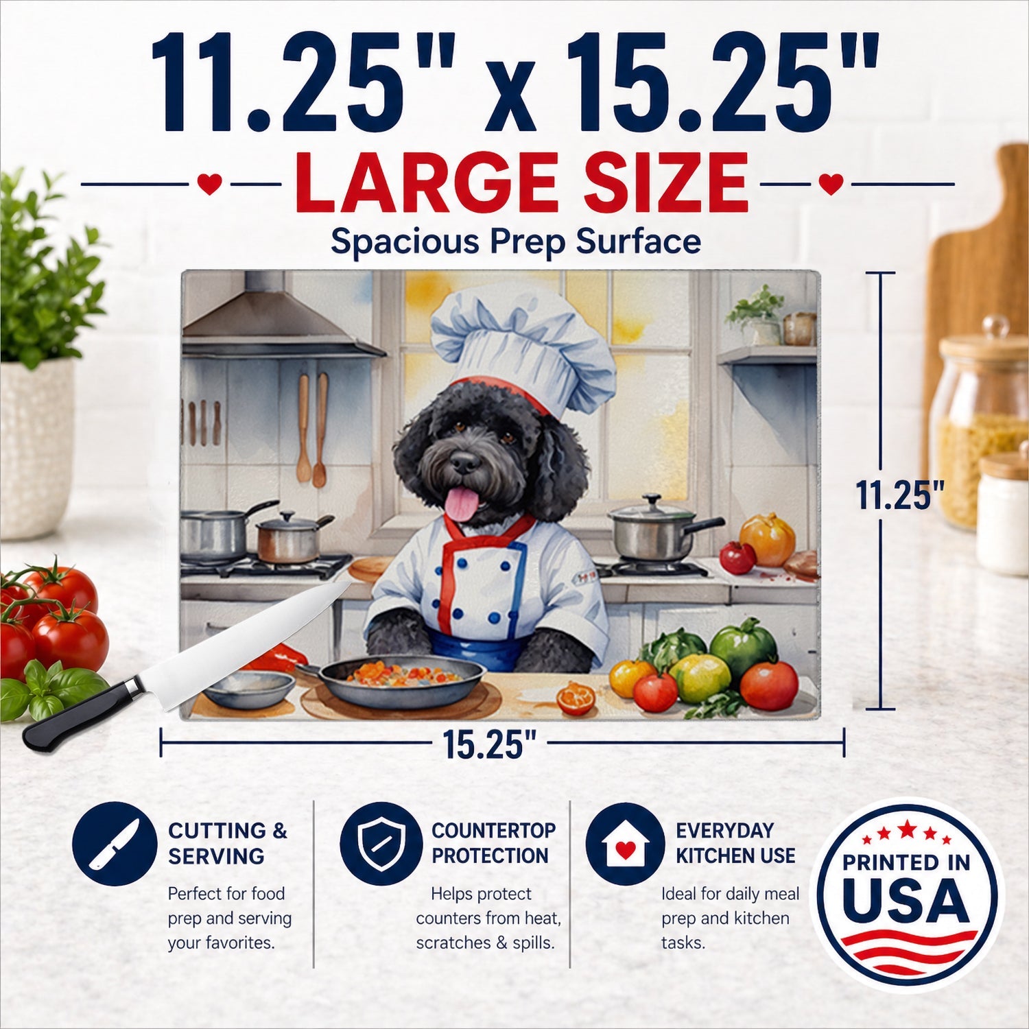 Portuguese Water Dog The Chef Cutting Board Tempered Glass Kitchen Cutting Surface, Heat Resistant Chopping, Non-Slip Feet, Food Prep & Serving