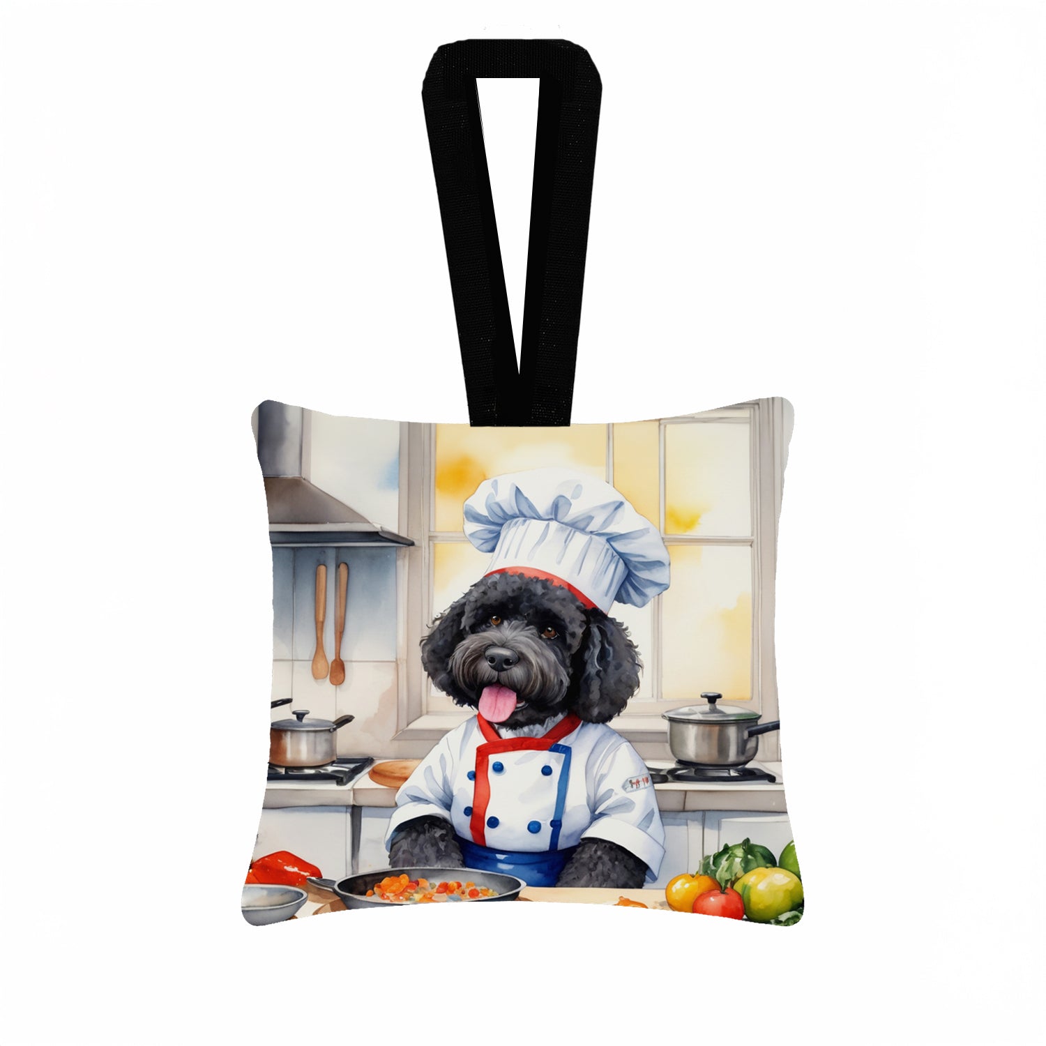 Portuguese Water Dog The Chef Hanging Square Fabric Ornament 3.5 × 3.5 Decorative Door-Knob & Tree Hanger, Soft Fabric