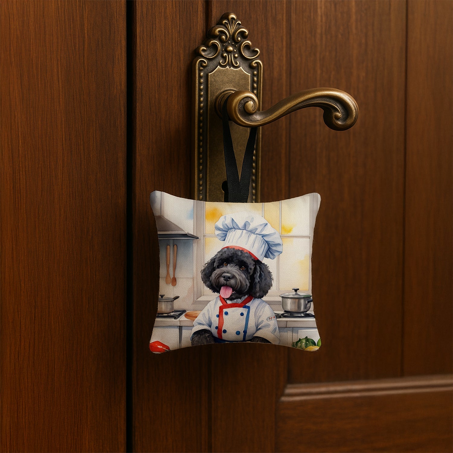 Portuguese Water Dog The Chef Hanging Square Fabric Ornament 3.5 × 3.5 Decorative Door-Knob & Tree Hanger, Soft Fabric