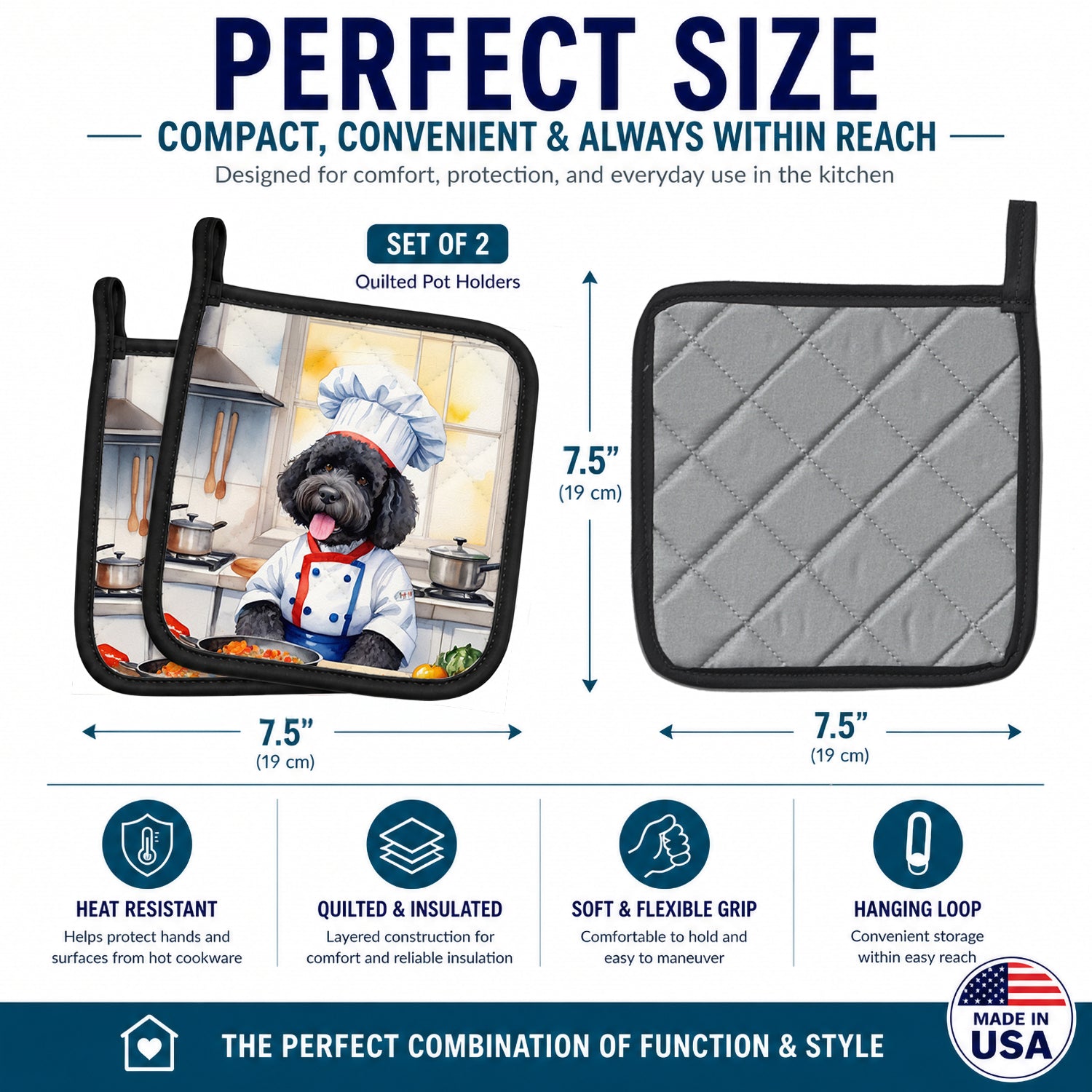 Portuguese Water Dog The Chef Pot Holder Set of 2 Heat Resistant Quilted Hot Pads 7.5 x 7.5 Inch, Insulated Kitchen Trivets for Cooking & Baking