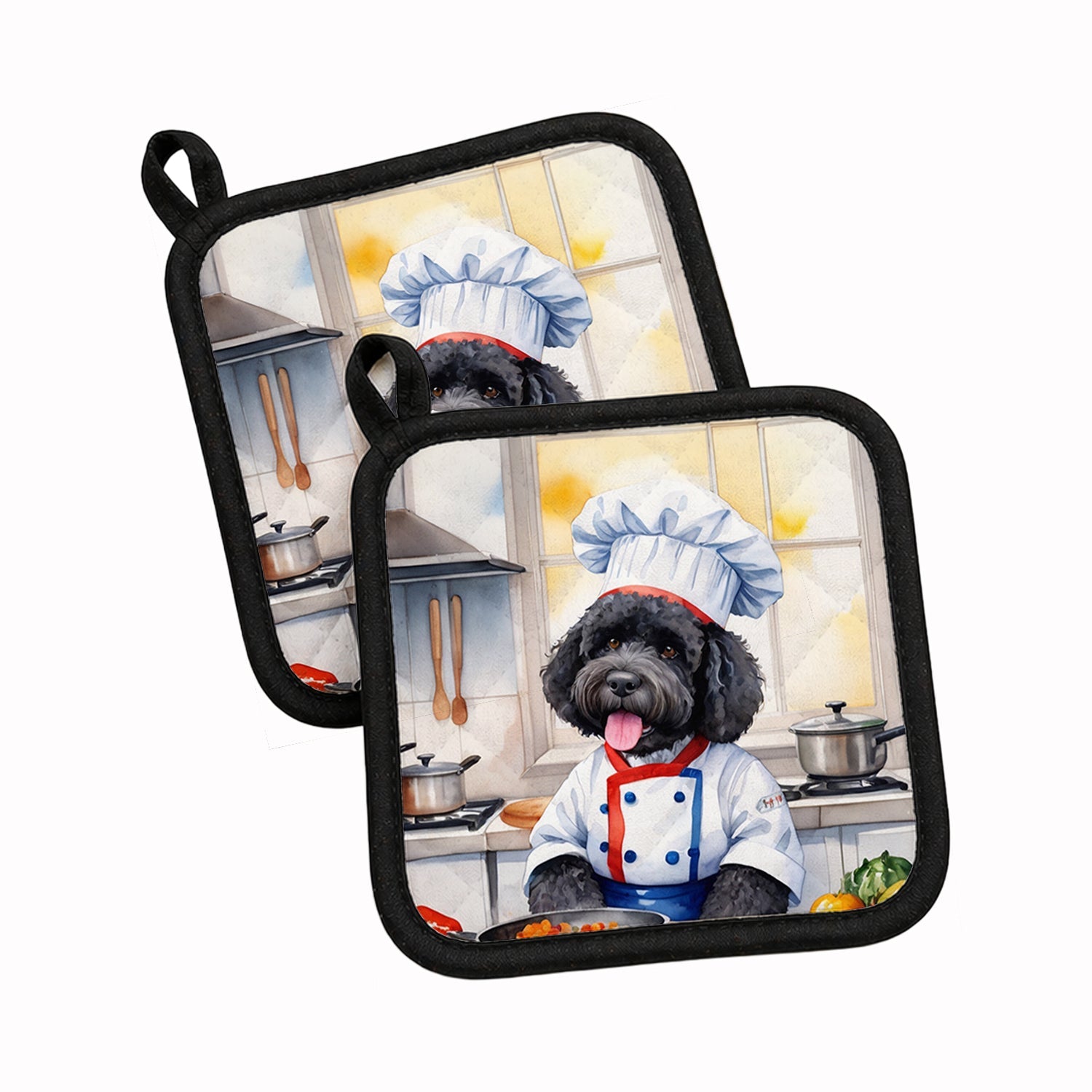 Portuguese Water Dog The Chef Pot Holder Set of 2 Heat Resistant Quilted Hot Pads 7.5 x 7.5 Inch, Insulated Kitchen Trivets for Cooking & Baking