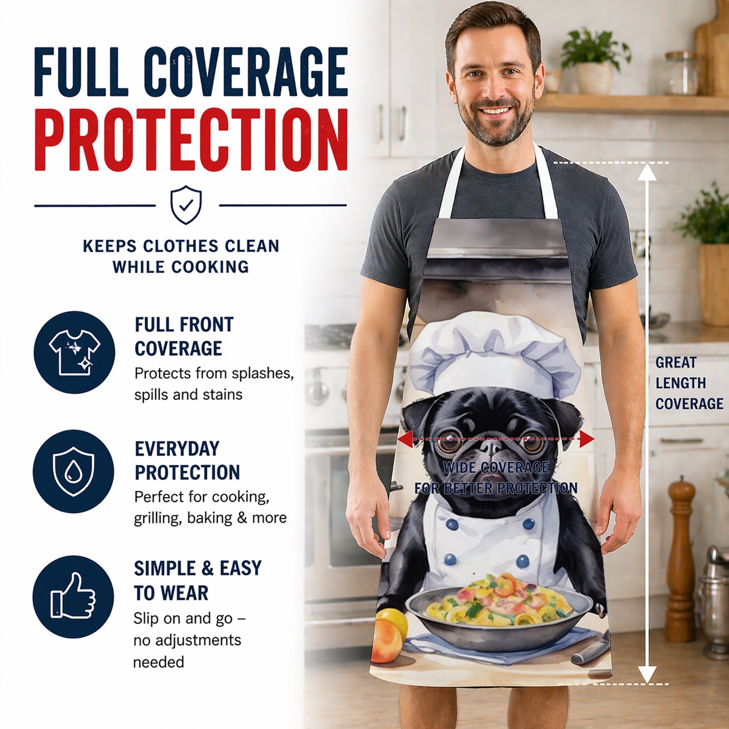 Pug The Chef Apron Cooking Kitchen Server Baking Crafts Gardening for Adult Women Men, Unisex, Large, Multicolor