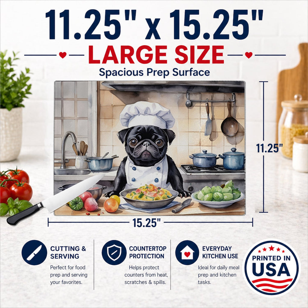 Pug The Chef Cutting Board Tempered Glass Kitchen Cutting Surface, Heat Resistant Chopping, Non-Slip Feet, Food Prep & Serving