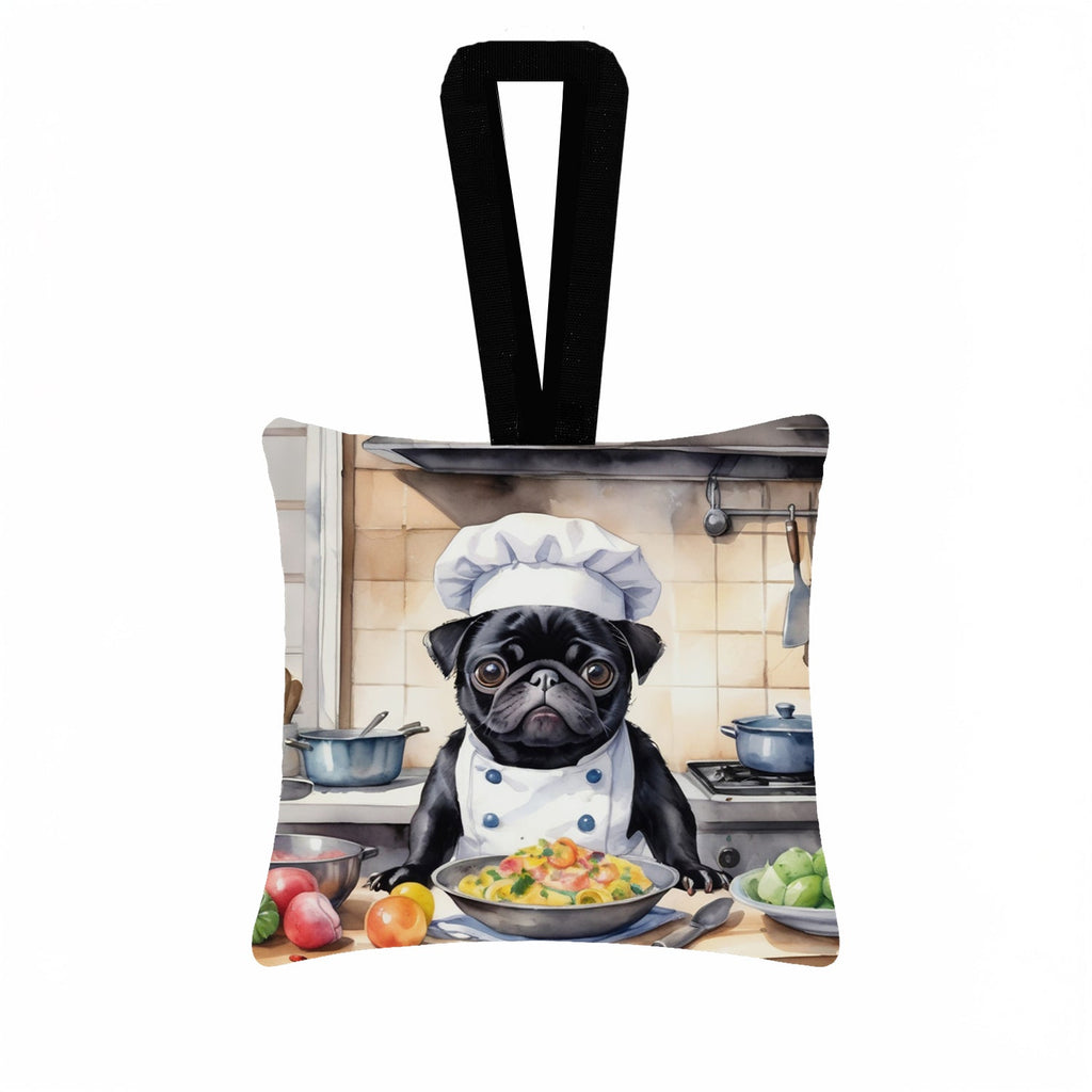 Pug The Chef Hanging Square Fabric Ornament 3.5 × 3.5 Decorative Door-Knob & Tree Hanger, Soft Fabric