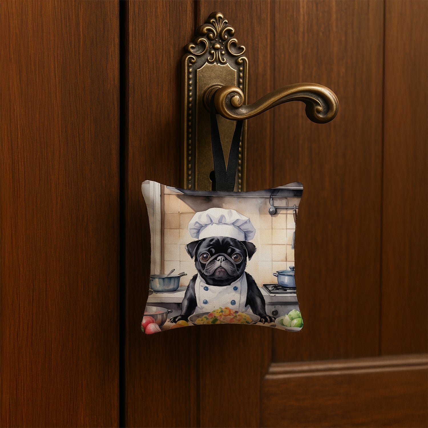 Pug The Chef Hanging Square Fabric Ornament 3.5 × 3.5 Decorative Door-Knob & Tree Hanger, Soft Fabric