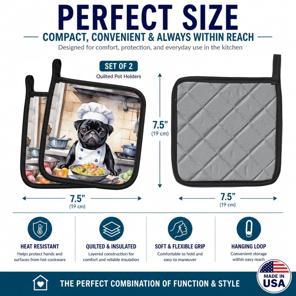 Pug The Chef Pot Holder Set of 2 Heat Resistant Quilted Hot Pads 7.5 x 7.5 Inch, Insulated Kitchen Trivets for Cooking & Baking