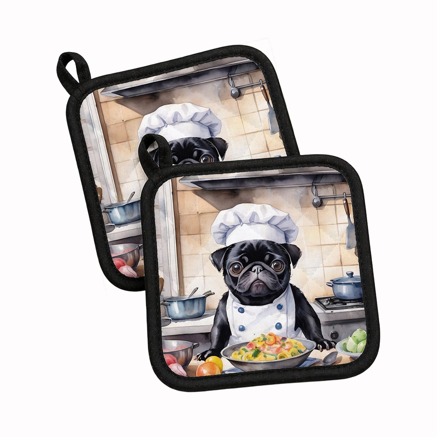 Pug The Chef Pot Holder Set of 2 Heat Resistant Quilted Hot Pads 7.5 x 7.5 Inch, Insulated Kitchen Trivets for Cooking & Baking
