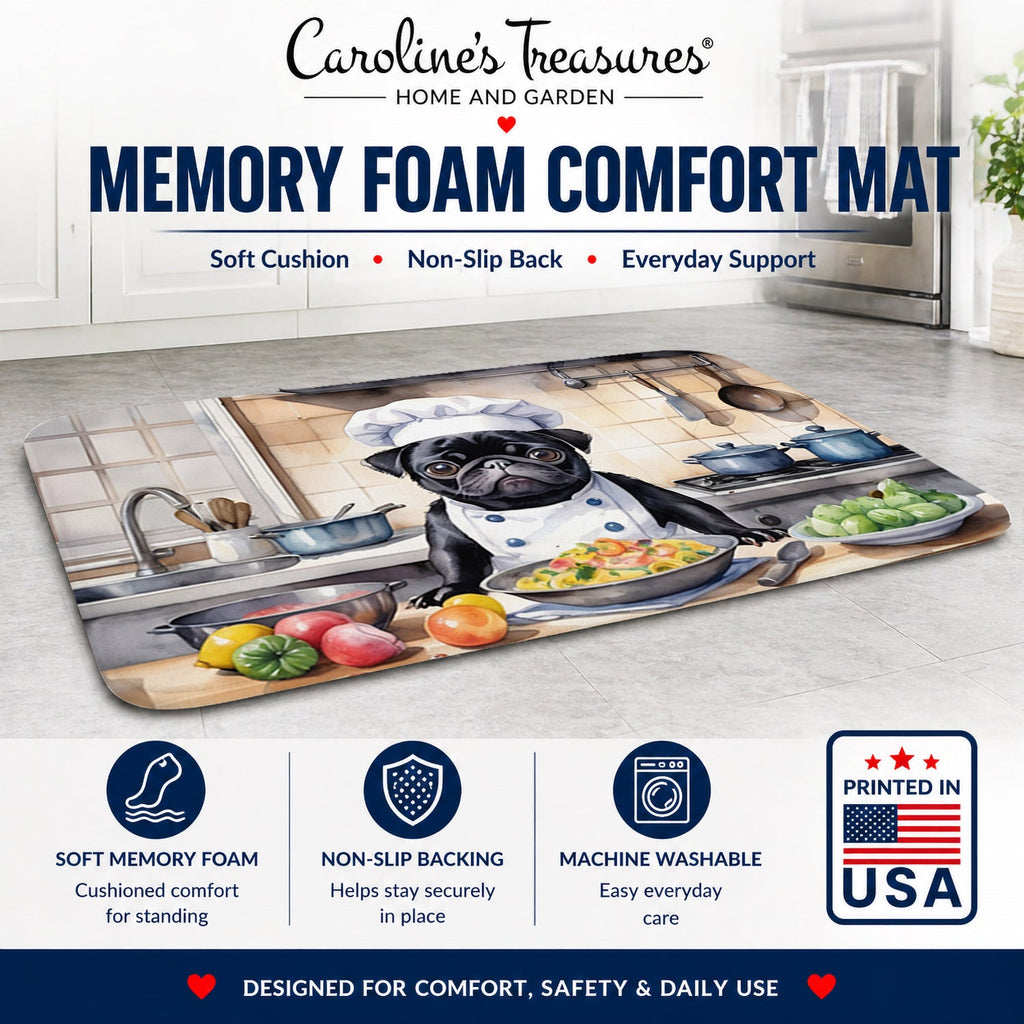 Pug The Chef Memory Foam Kitchen Mat Machine Washable Anti-Fatigue Cushion Comfort Bath or Kitchen Rug