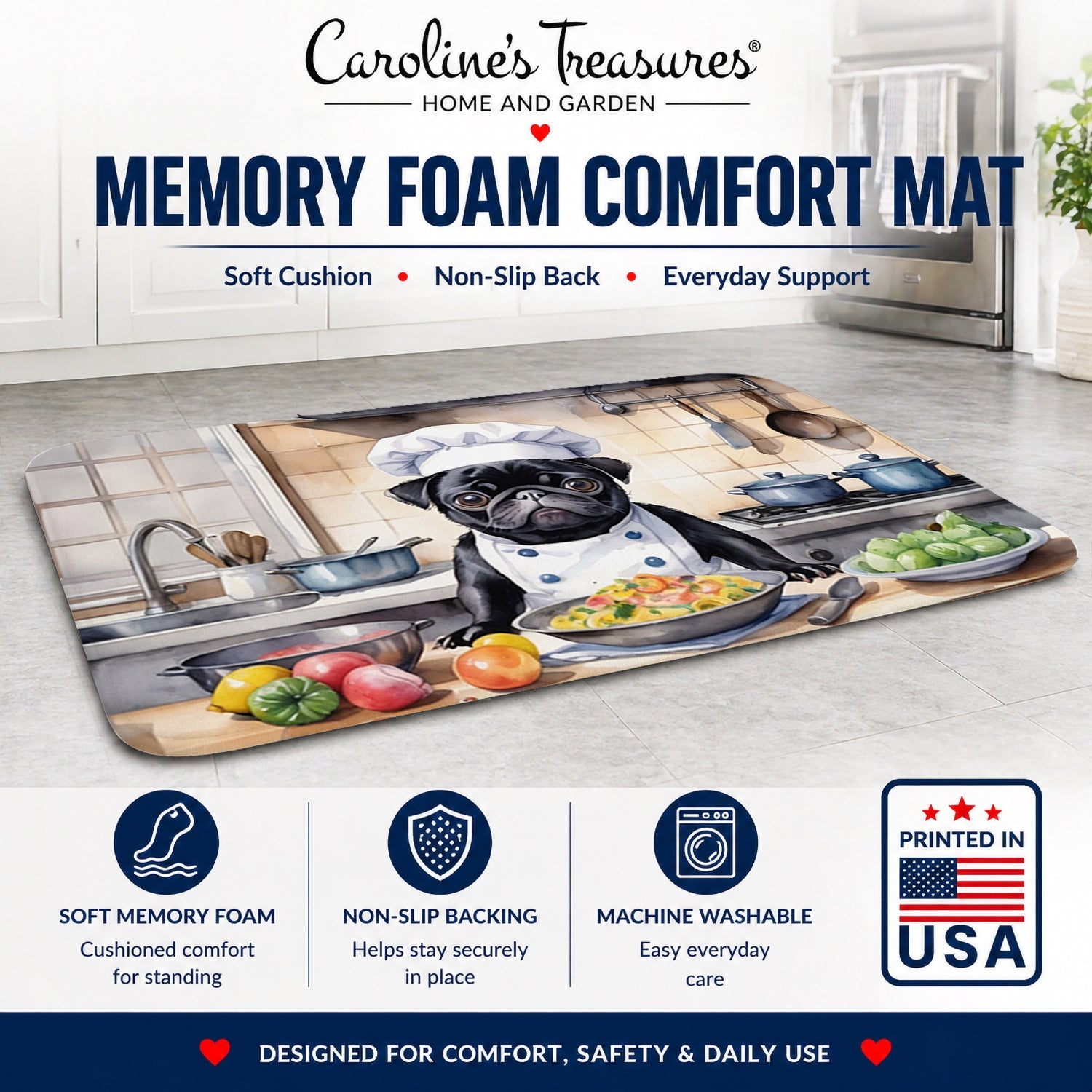 Pug The Chef Memory Foam Kitchen Mat Machine Washable Anti-Fatigue Cushion Comfort Bath or Kitchen Rug