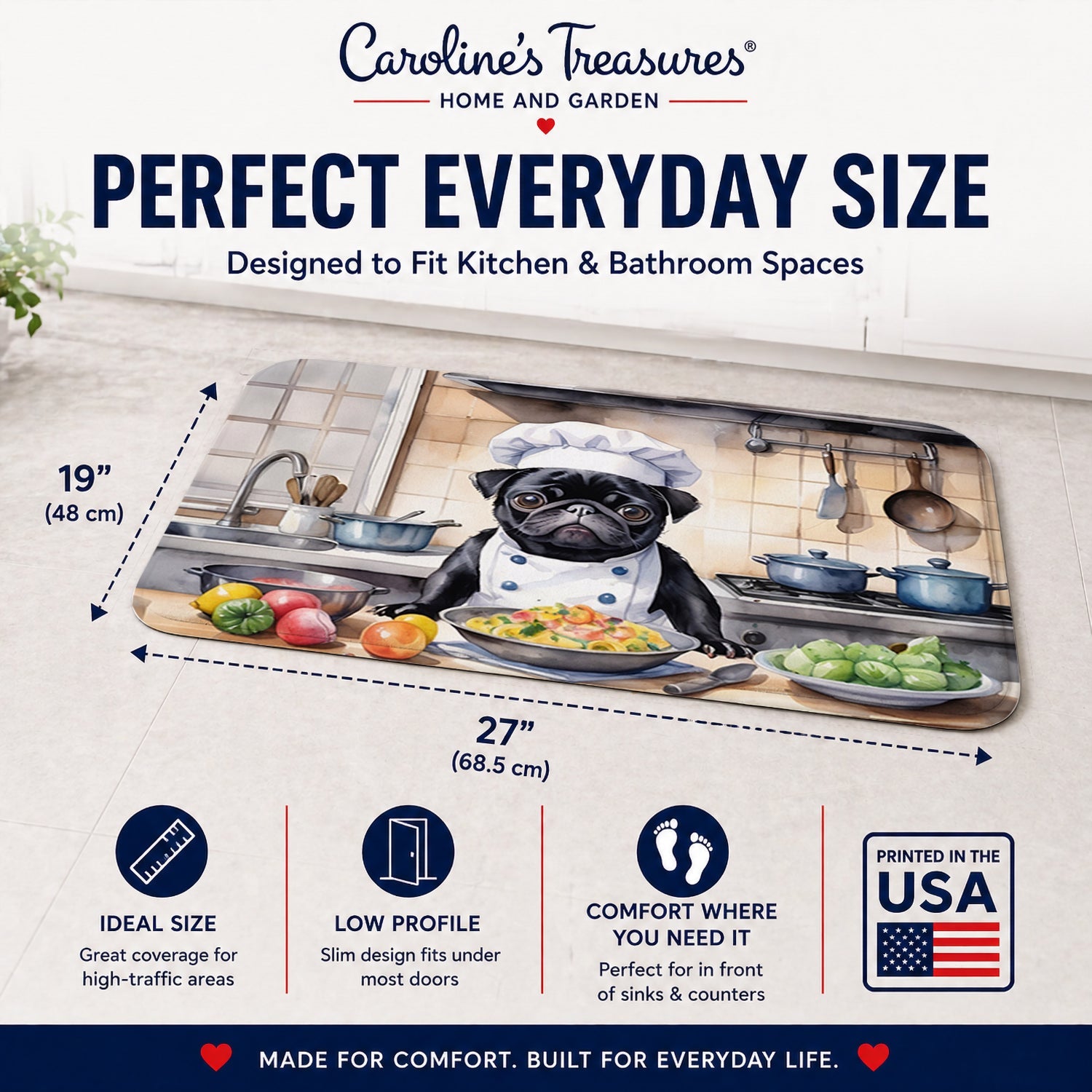 Pug The Chef Memory Foam Kitchen Mat Machine Washable Anti-Fatigue Cushion Comfort Bath or Kitchen Rug