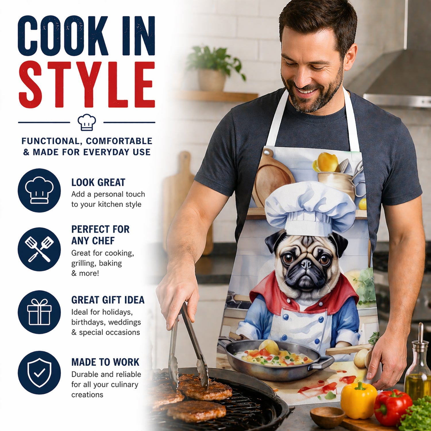 Pug The Chef Apron Cooking Kitchen Server Baking Crafts Gardening for Adult Women Men, Unisex, Large, Multicolor