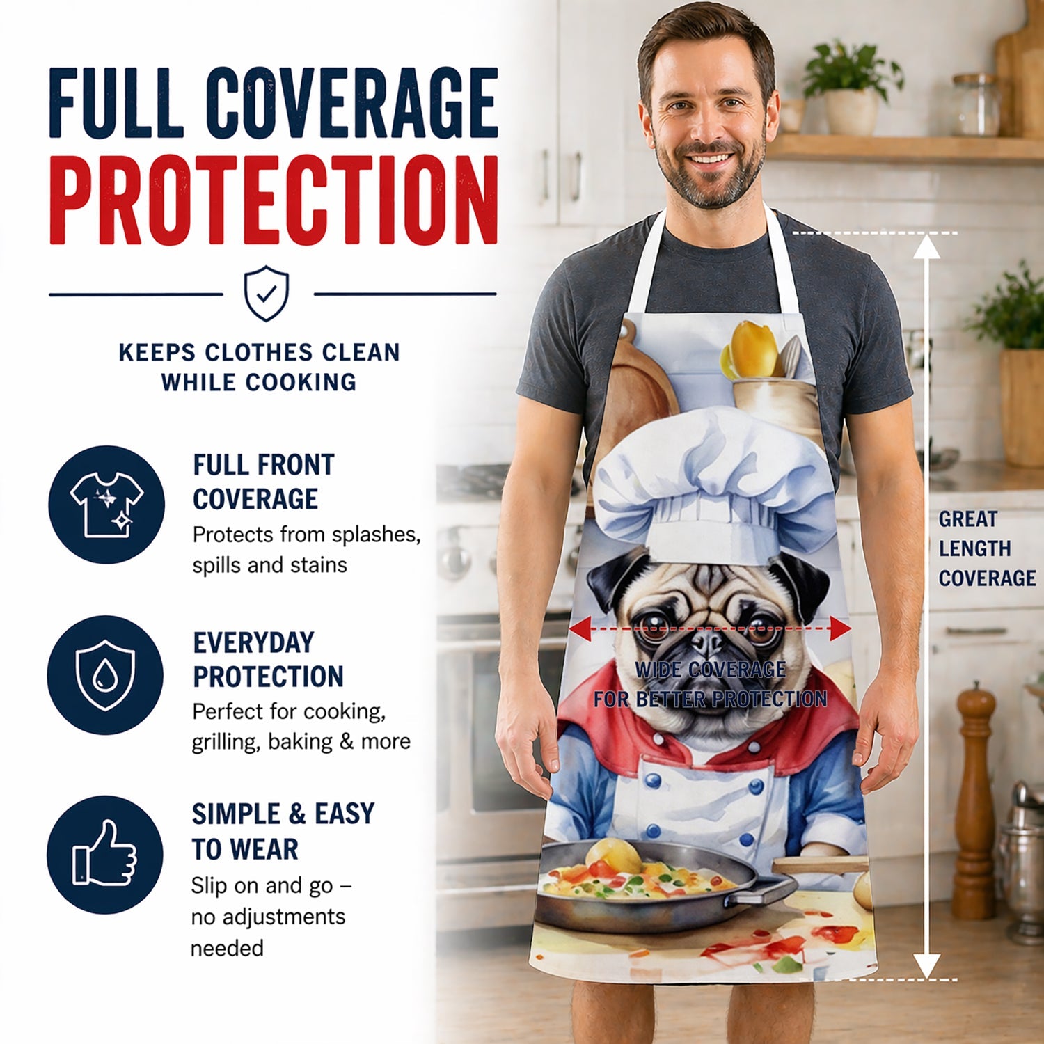 Pug The Chef Apron Cooking Kitchen Server Baking Crafts Gardening for Adult Women Men, Unisex, Large, Multicolor