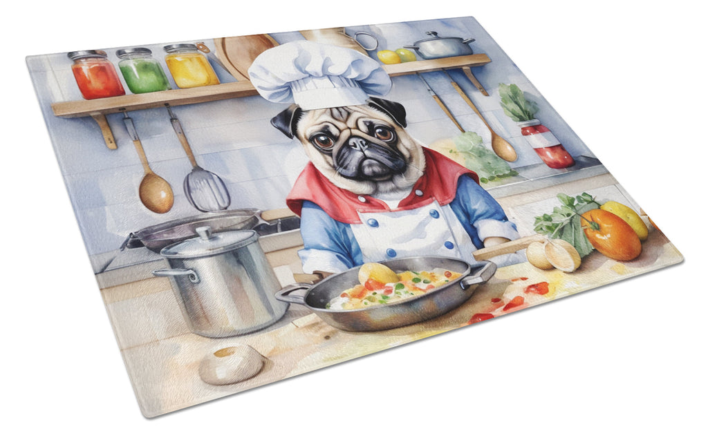 Pug The Chef Cutting Board Tempered Glass Kitchen Cutting Surface, Heat Resistant Chopping, Non-Slip Feet, Food Prep & Serving