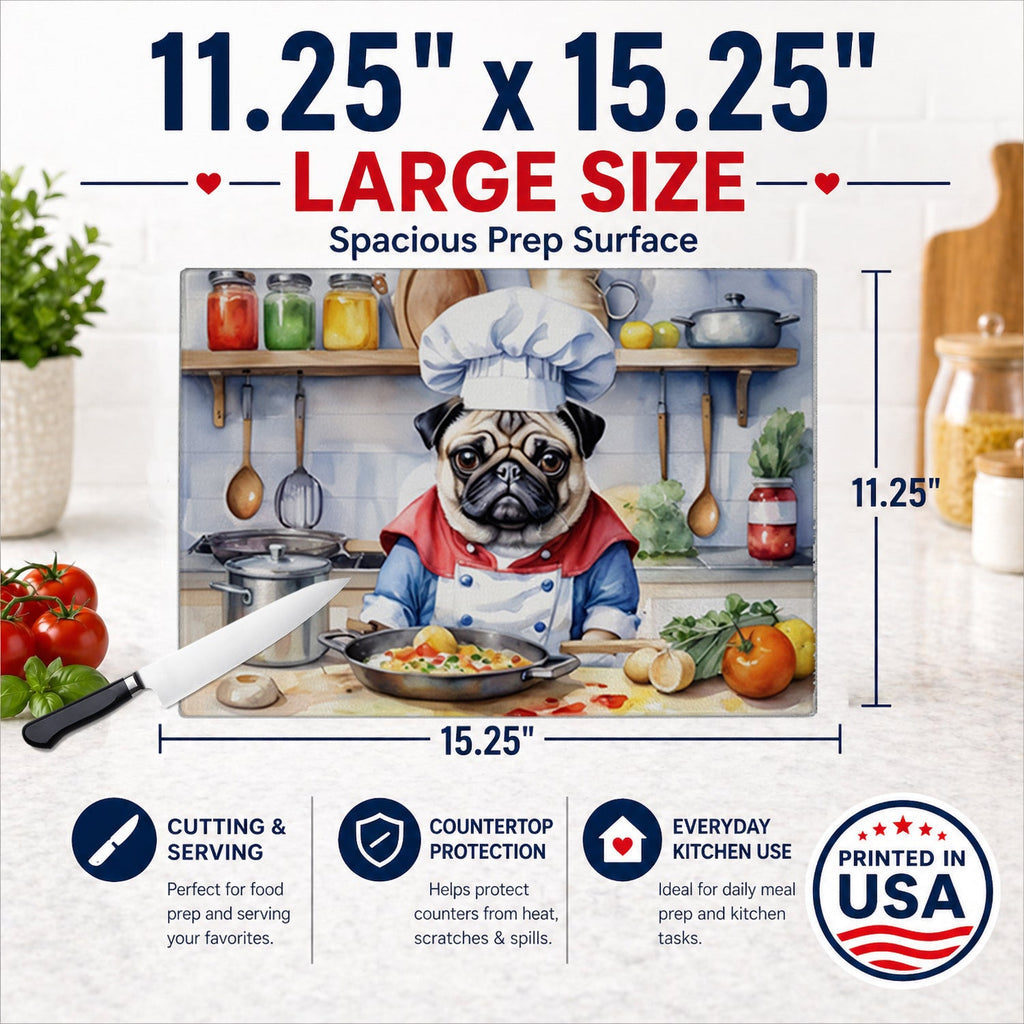 Pug The Chef Cutting Board Tempered Glass Kitchen Cutting Surface, Heat Resistant Chopping, Non-Slip Feet, Food Prep & Serving